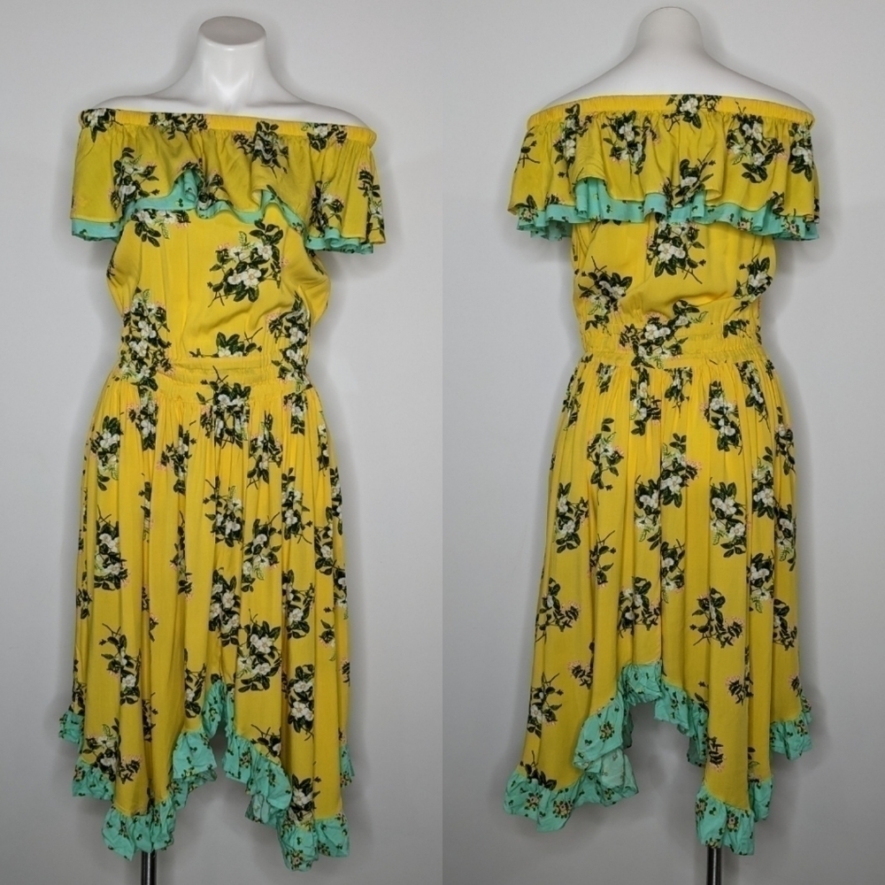 Matilda Jane yellow green floral off the shoulder ruffle dress S